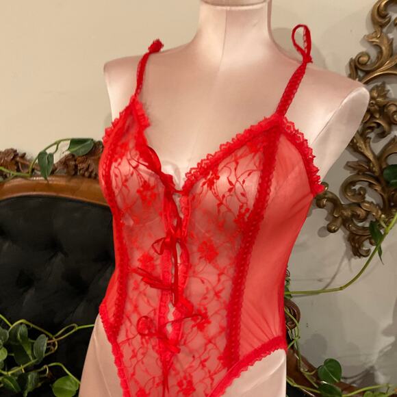 Vintage V-Neck Lace Teddy Bodysuit High Cut lingerie Size L Red - Picture 2 of 7